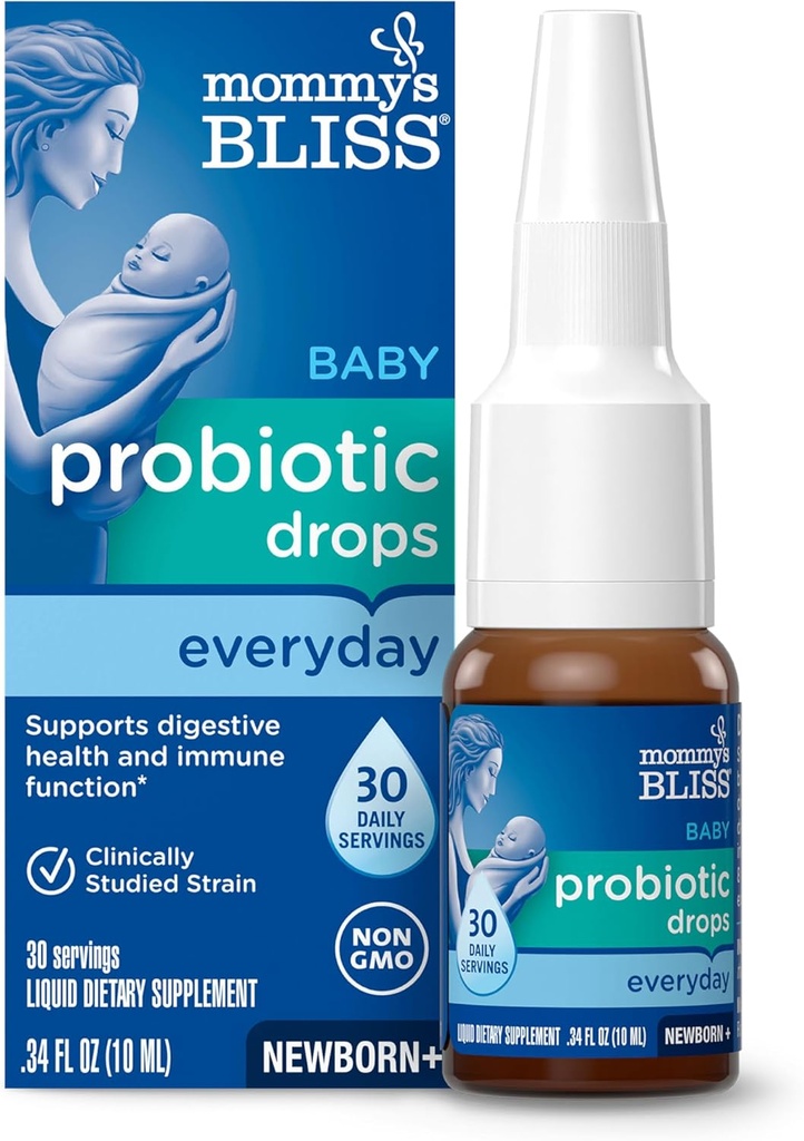 Mommy's Bliss Baby Probiotic Drops, Daily Gas, Constipation och Colic Symptom Relief + Immune Support, Newborns & Up, 0,34 Fl Oz (30 portioner)