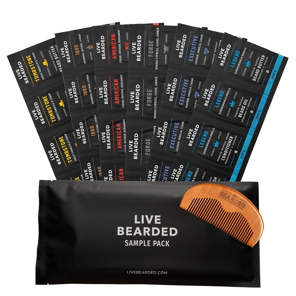Live Beard Beard Oil and Butter Grooming Kit Sample Pack con Comb, Bonus Gift - All-Natural Ingredients Shea, Argan, Jojoba - Apoio ao crecemento - Made in USA