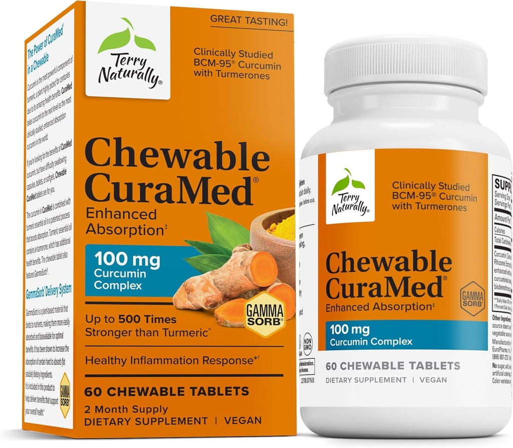 Terry Natural CuraMed 100 mg Curcumin Complex - Enhanced Absorption Curcumin Supplement with Turmeric - Brain & Life Health Support Supplement - Vegan Diétás kiegészítés - 60 rágótabletta