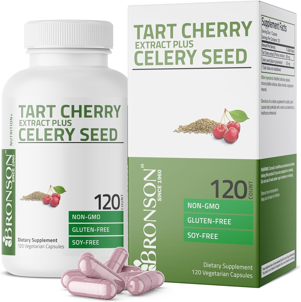 Bronson Tart Cherry Extract + Celery Seed kapsulak - Uric Acid Cleanse indartsua, Mugikortasun Baterako Laguntza eta Muscle Recovery Supplement - Ez GMO Formula, 120 kapsula begetariar