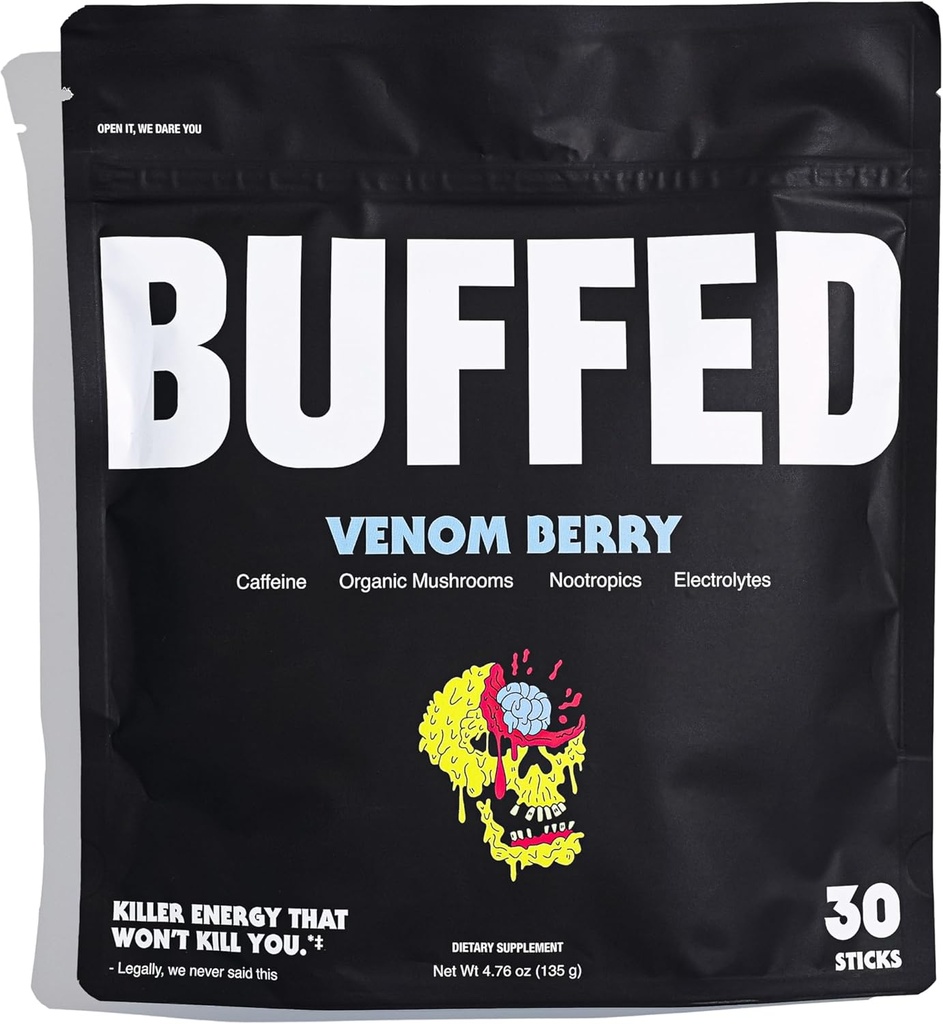 Energy Powder Stick Packs, Drink Mix | Clean, Gesunde Boost Packets | 150mg Koffein + Hydration | Nootropics, Organische Pilze, B-Vitamine, Elektrolyte | 30 Pack-Venom Berry