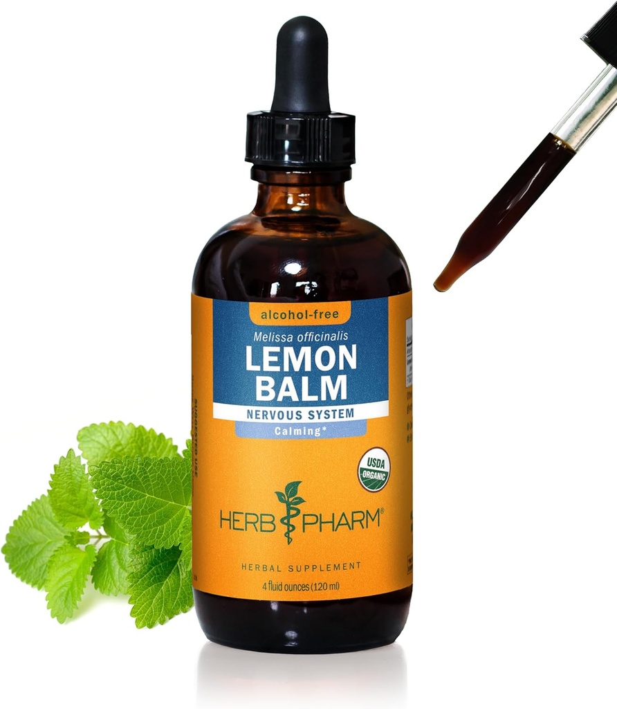Herb Pharm Certified Organic Lemon Balm Liquid Extract for Calming Nervous System Support, Alcohol- Free Glycerite, 4 Ounce
