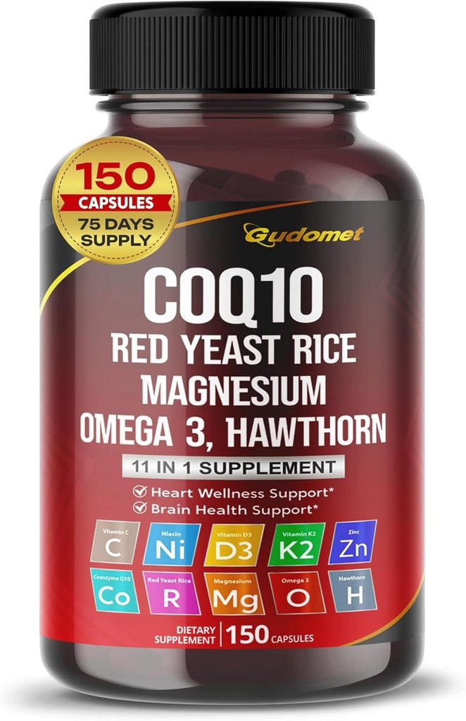 Coenzyme Q10 (Ubiquinone) Red Yeast Rice Hawthorn Omega 3 C Niacin Zacn K2- 150 Capsules- made in USA