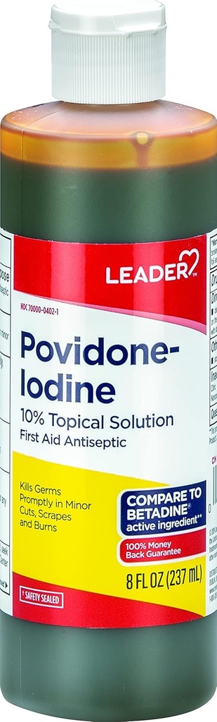 Leader Povidone Jodine 10% Prep Solution USP, Pirmās palīdzības antiseptisko brūču tīrītājs, Brūču mazgāšana, Antiseptiskās ziepes (8 Fl Oz, iepakojumā pa 1)
