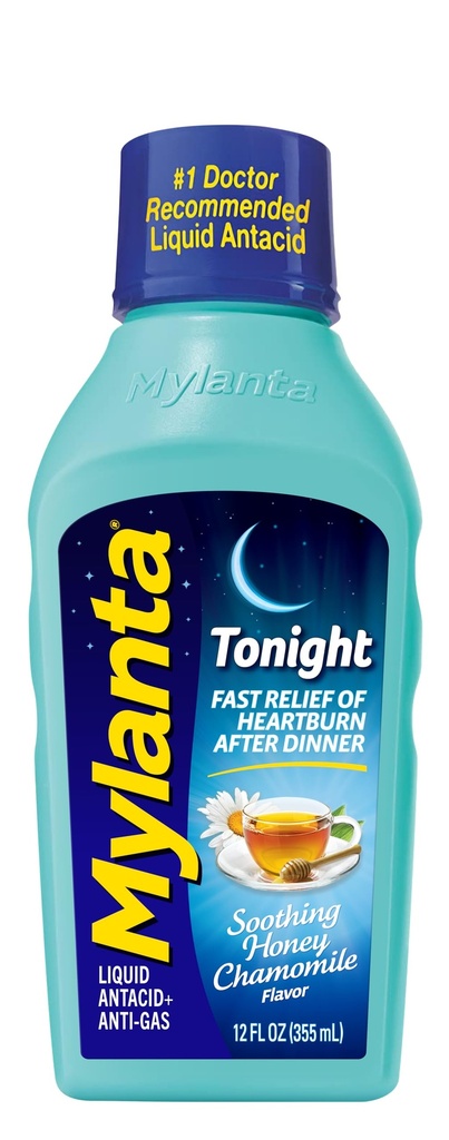 Mylanta Heartburn and Gas Relief, Liquid Antacid, Tonight Formula, Honey Chamomile Flavor, 12 Fl Oz