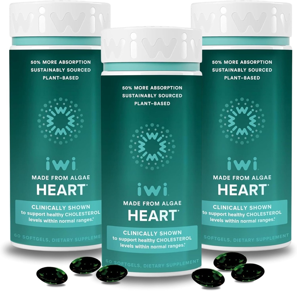 Iwi Life Heart Omega-3, 180 Softgels (90 Servings), Vegan Algae Omega Fatty Acids + EPA, Heart Health Support Integratore alimentare, Krill & Fish Oil Alternative, No Fishy Aftertaste