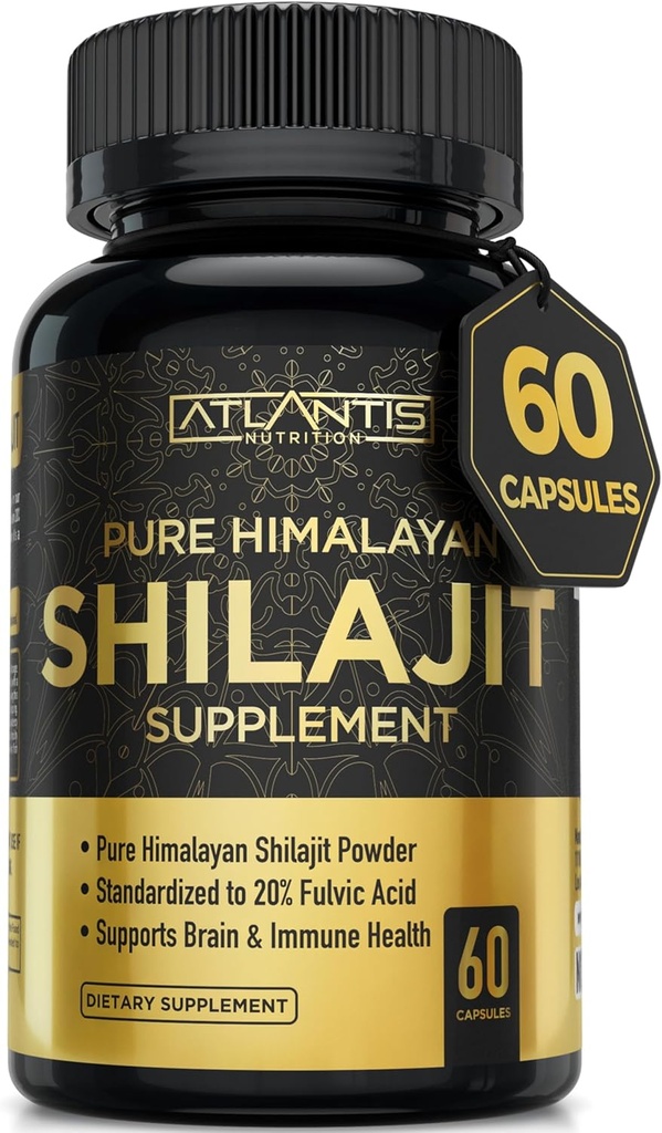 אטלנטיס תזונה ההימלאיה Shilajit קפסולות פורמולה עם 20% Fulvic Acid; 10:1 לחלץ 10,000 מ"ג D.H.E. | ארה"ב יצרה | תוספת ההימלאיה Shilajit לגברים ונשים | 60 קפסולות