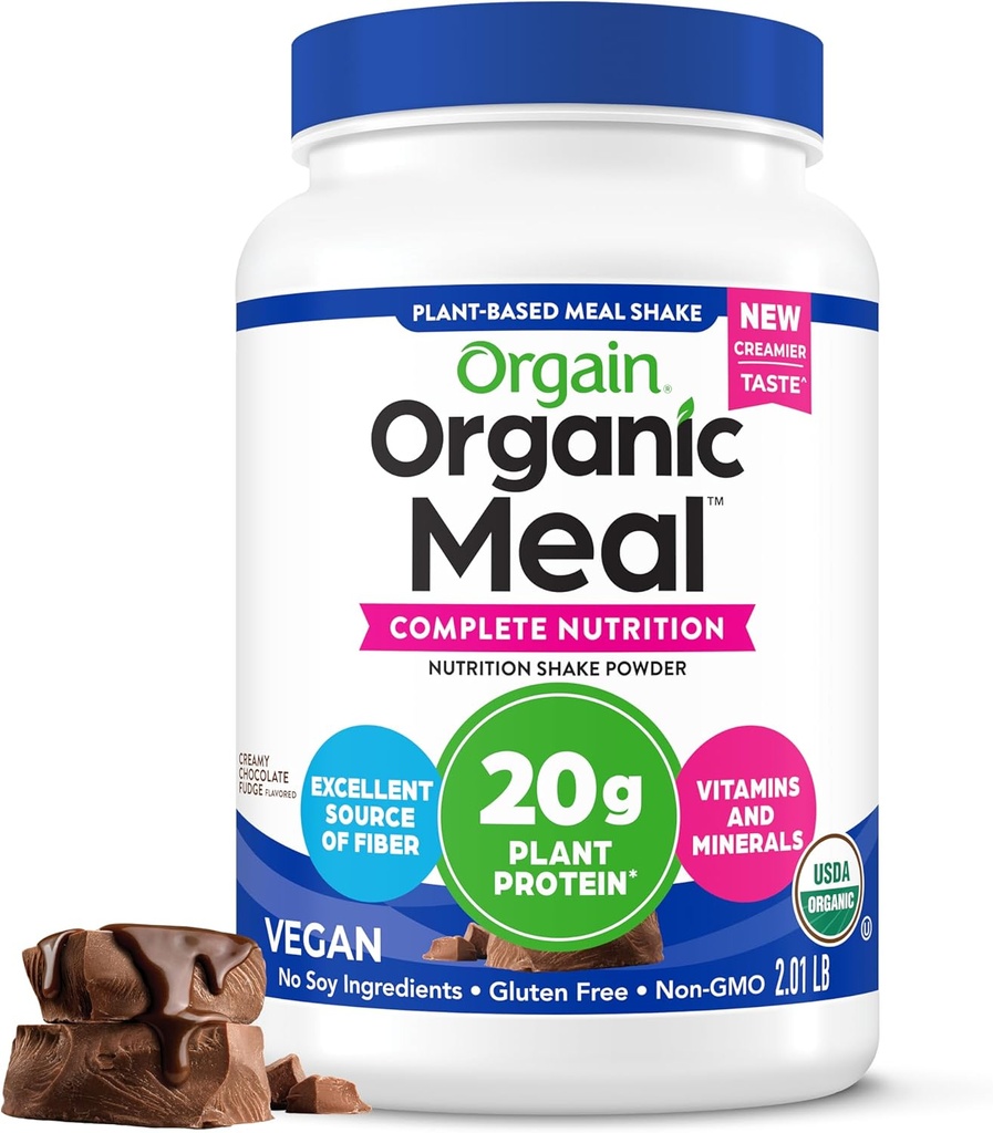 Orgain Vegan Replacement Protein Organik, Creamy Chocolate Fudge - 20g Plant Based Protein, Gluten Free, Dairy Free, Soy Free, No Sugar Added, For Smoothies & Shakes - 2.03lb