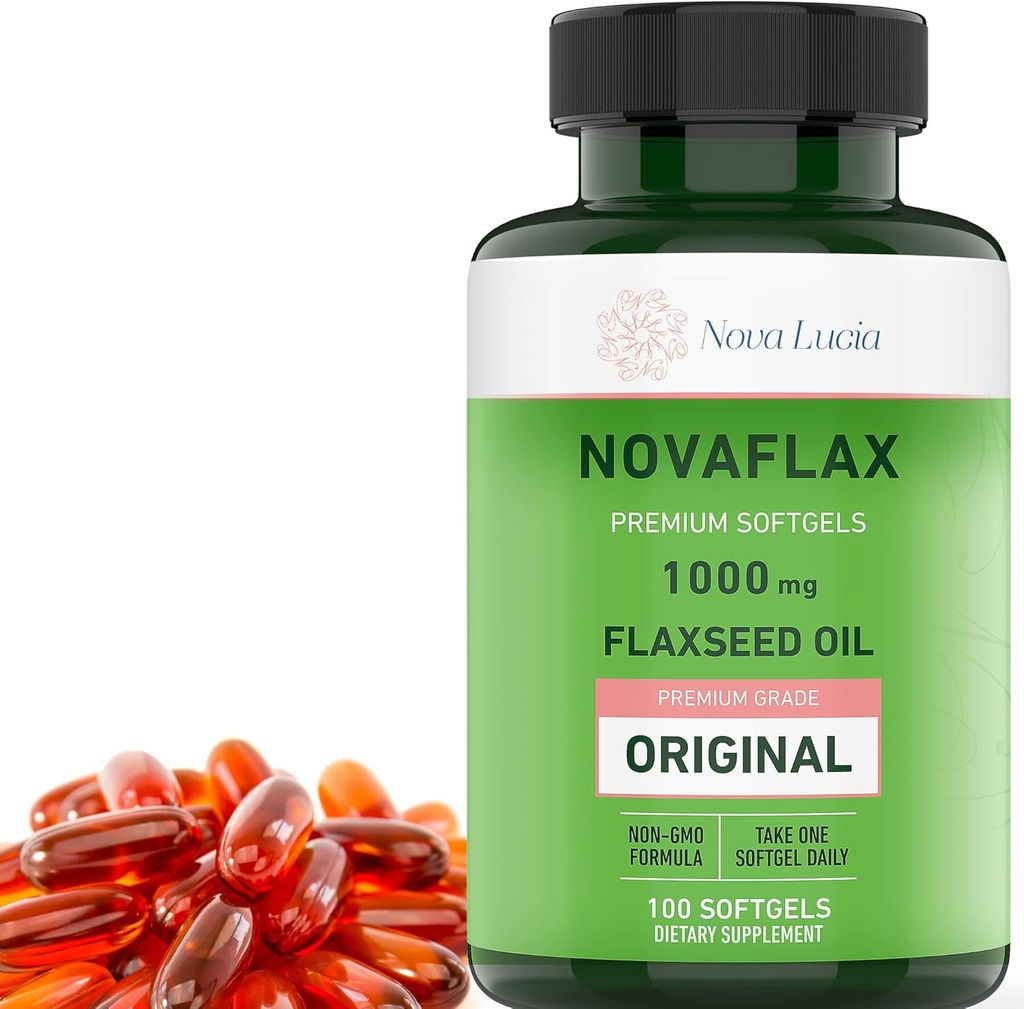 Nova Lucia Organic Flaxseed Oil Capsules 1000mg - Omega 3 6 9 Softgels for Plaukų, odos ir nagų - Non- GMO, Nemokamas, Hexane- Free, lengva nuryti - 100 Skysti Softgels
