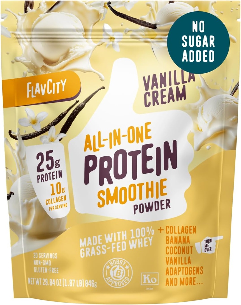 FlavCity Grass Fed Whey Protein Powder - Vanilla Smoothie - 25g Протеин & 10g Колаген - Made with Real Vanilla Bean & Organic Coconut Milk - без глутен и без добавена захар (20 Сервиз)