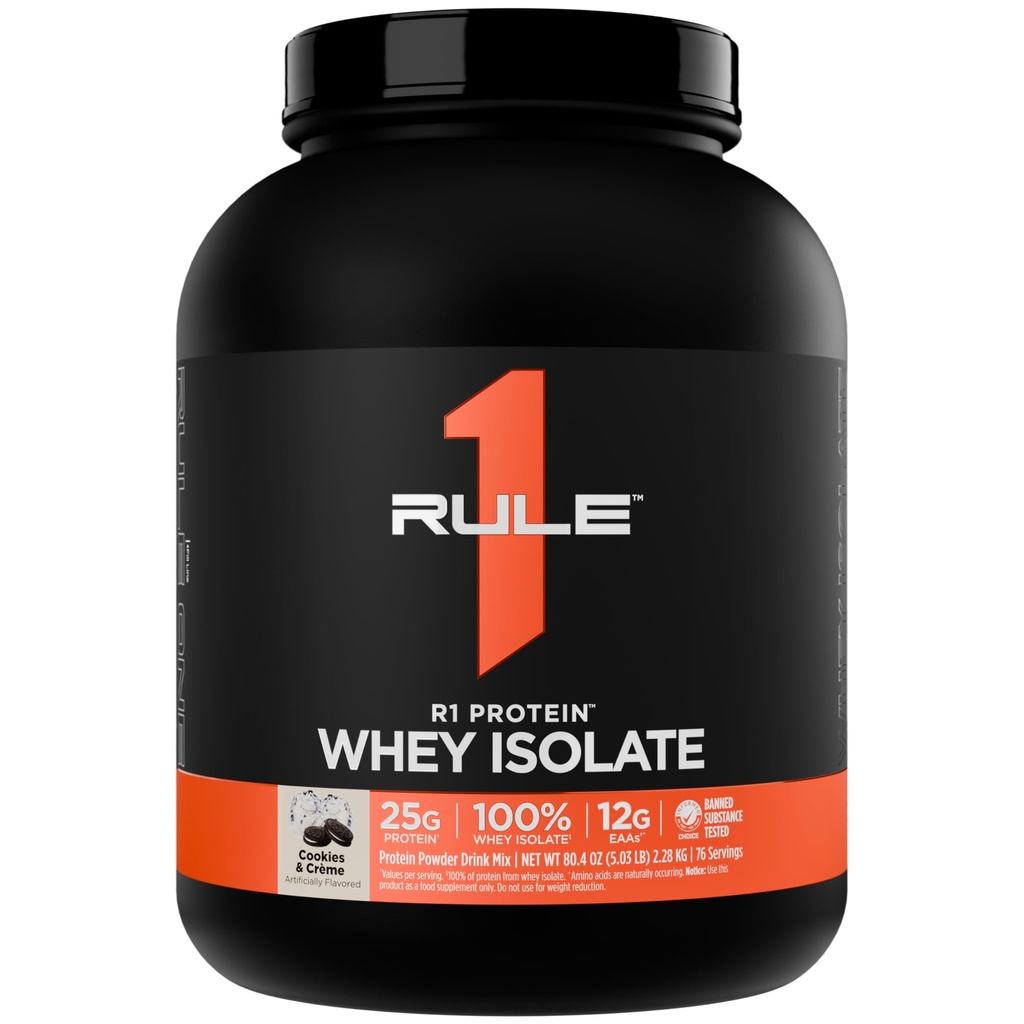 Rule 1 Proteins R1 Protein Whey Isolate, Cookies & Crème, 76 Servings | 25g of Protein from Whey Isolates and Hydrolysate isolates for Workout Recovery and anytime use