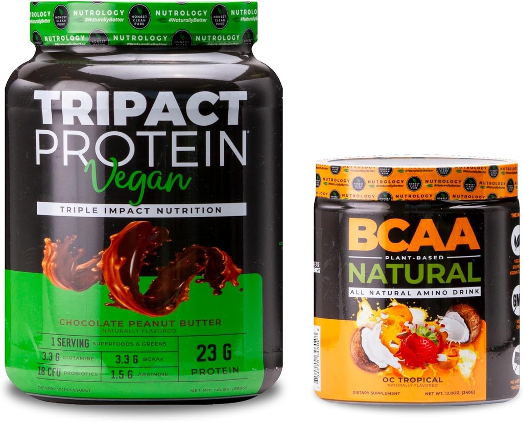 Nutrologi TRIACT Vegan Powder, untuk Vegan Protein Shakes, Chocolate Peanut Butter (20 Pelayan Alam) BCAA, Tanaman Based BCAA Powder, Orange Coconut Flavor (30 Pelayan)