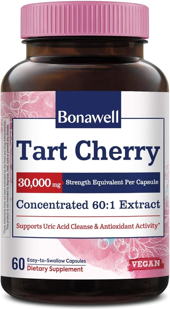 Bonawell Tart Cherry כמוסות 60:1, 30000 מ"ג כוח, עשוי מ Montmorency Tart Cherries, Powerful Uric Acid ניקויse, 2 חודשים אספקה, 60 קפסולות