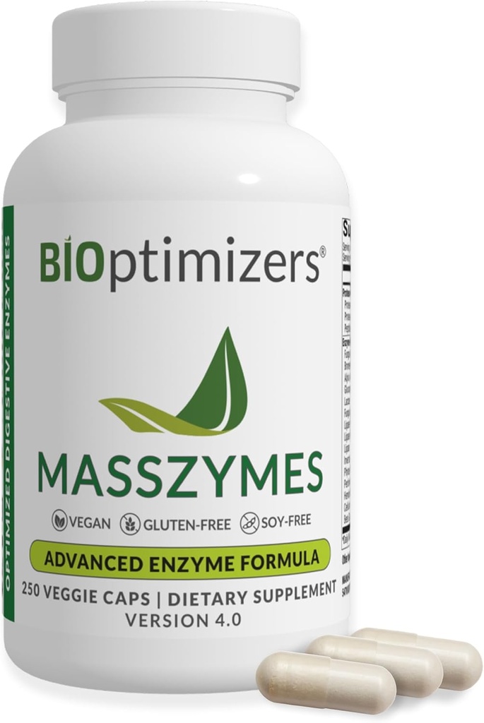 BiOptimizers MassZymes - Supplément complet digestif enzymes pour la santé des intestins - Bloating Relief pour les hommes et les femmes - Lipase Amylase Bromelain Enzymes digestifs (250 capsules)