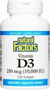 Factores naturais Vitamina D3 - Suplemento diario para ósos e soporte - Suplemento de vitamina D axuda a función do sistema inmune saudable - soporta fortes articulacións e xeonllos - 120 softgels (120 servizos)
