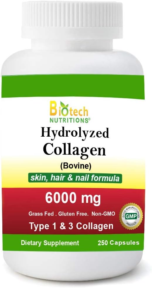 Hydrolyzovaný kolagén Hovädzí typ 1 & 3 6000 mg Slúžiť 250 tabliet Trávu Fed Gluten Free non-GMO