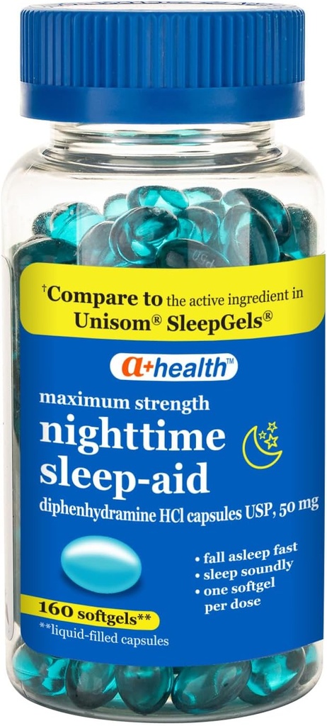 A+Health Nighttime Sleep Aid Diphenhydramine 50mg Softgels, Máximo Forza, 160 Conde