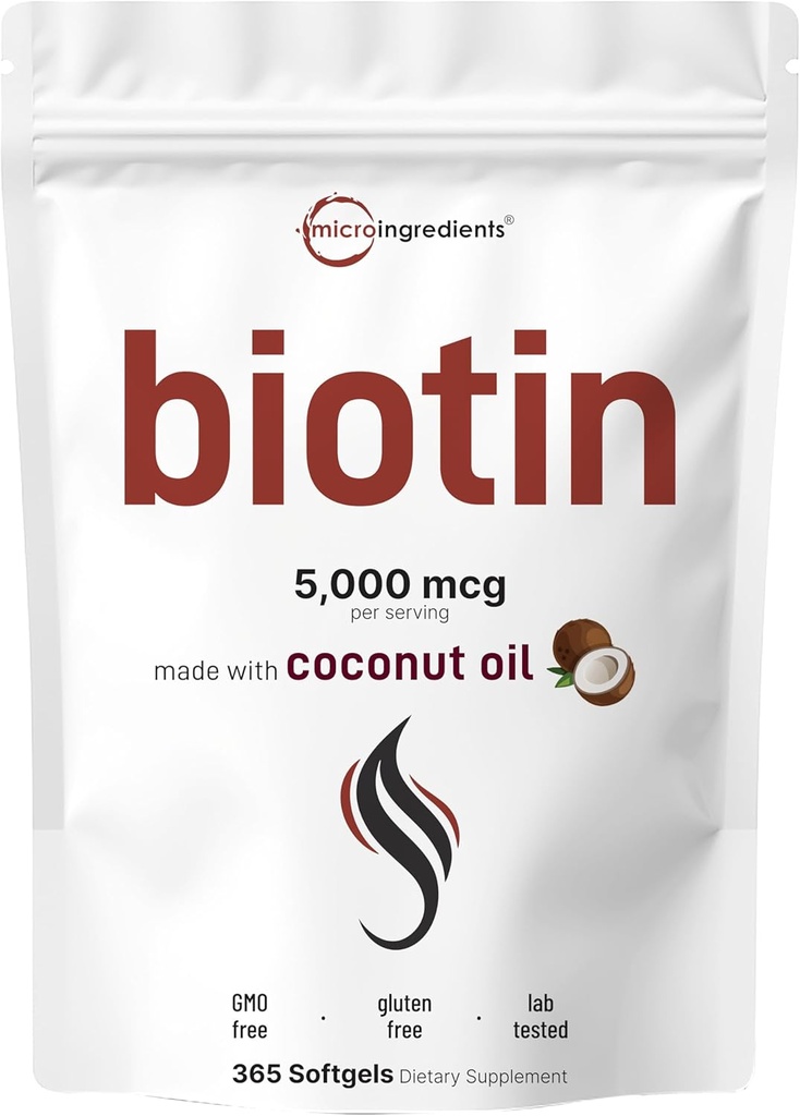 Micro Ingredienti Biotin 5000mcg | 365 Softgels olio di cocco vergine, rilascio rapido, alimentazione di un anno | Supporta capelli sani, pelle, & Nails | Non OGM, No Gluten