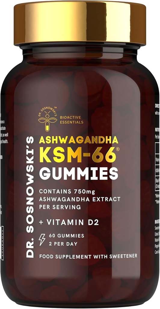 Bioactive KSM-66 Ashwagandha Gummies Dr. Sosnowski's 750mg Ashwagandha Extract with Vitamin D2 (60 Gummies)