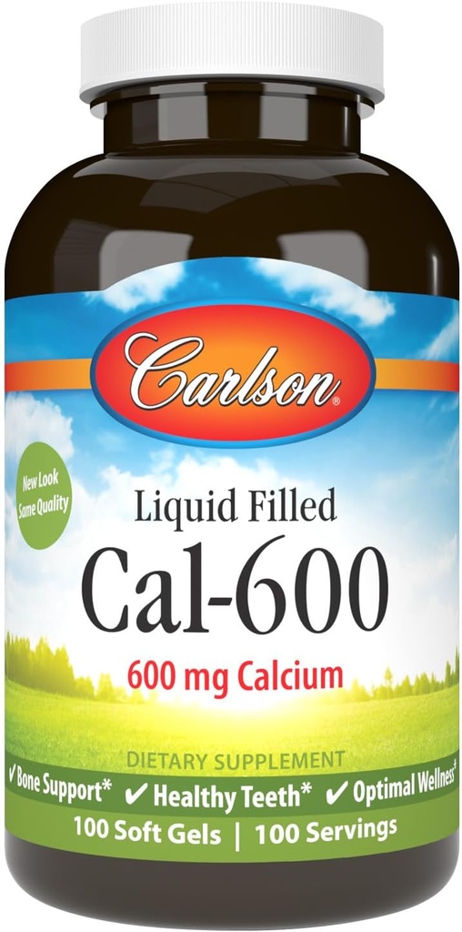 Carlson - Cal-600, 600 mg Calciu, Suport osos, Dinți Sănătoși & Optimal Wellness, 100 Softgels