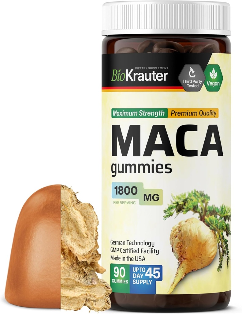Maca Root Gummi - 1800 mg Stärke - 90 Vegan Chews - Natürliche Unterstützung für Damen und Herren - Peruvian Maca Root Supplement - Banana Flavour Chews