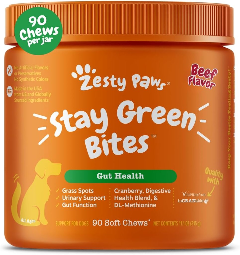Zesty Paws Stay Green Bites for Dogs - Grass Burn Soft Chews für Rasen Spots, die von Dog Urine verwendet werden - mit Cranberry für Urinary Tract & Bladder - Rindfleisch - 90 Count