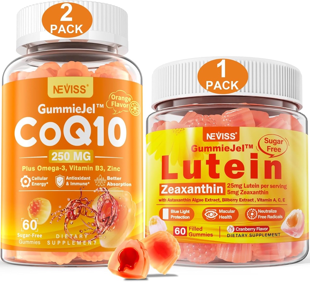 NEVISS Pastilhas de Luteína sem Açúcar 60 Count + CoQ10 Gummies 120 Count