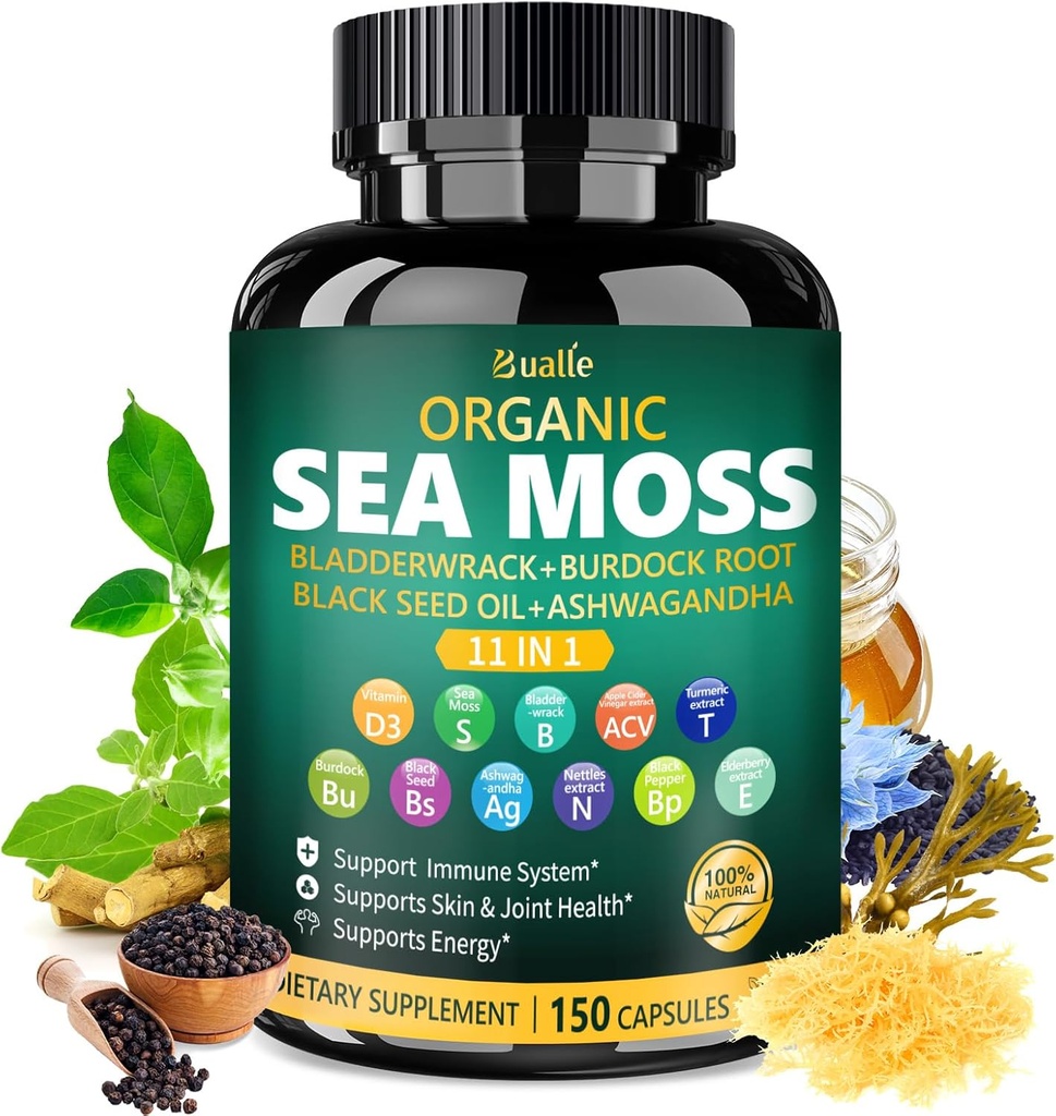 Bualle Irish Sea Moss Capsules - Organic Sea Moss, Black Seed Oil, Ashwagandha Supplements med Bladderwrack, Ginger & Burdock Root - Stöder Daglig Wellness, Hud & Energi - 150 kapslar (1 Pack)