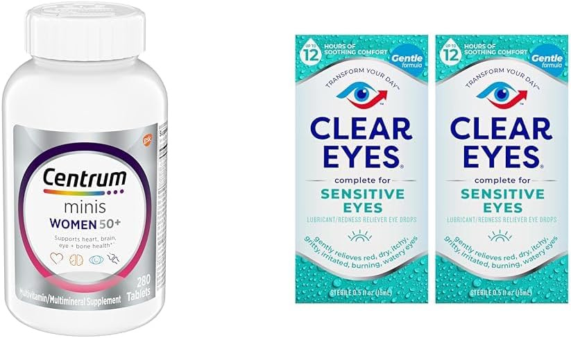 Centrum Minis Silver Womens Multivitamin for Women 50 Plus, Multimineral supplement with Vitamin D3, B Vitamins, Non-GMO Ingredients, Supports Memory and Cognition in Older Adults - 280 Ct & Clear Eyes, Sensitive Eye drops, 0.5 Oz, 2 Pack