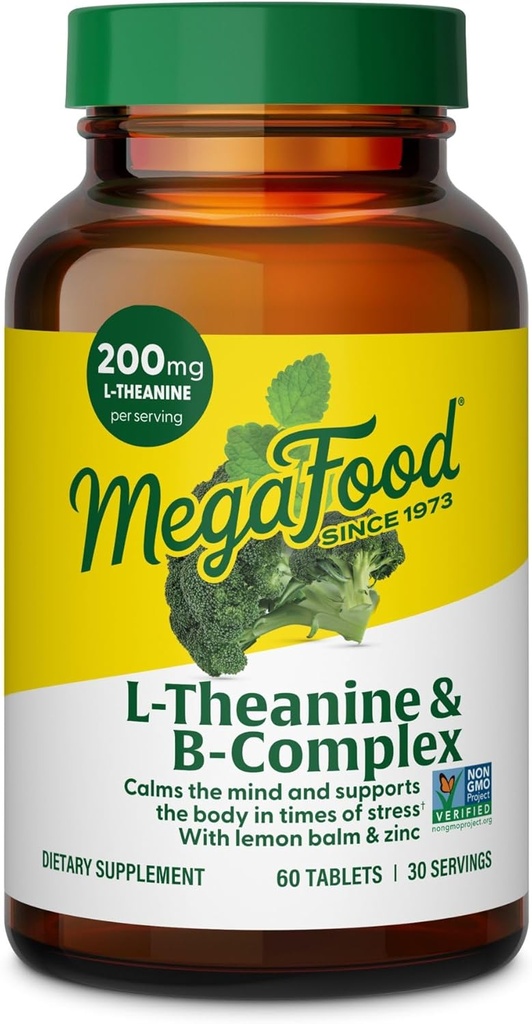 MegaFood L-Theanine & Bitamina B konplexua - 200 mg L Theanine osagarria B bitamina konplexuekin Emakume eta Gizonentzat - Plus Lemon Balm Leaf & Zinc - Vegan, Gluten Free, Non-GMO - 60 Tablet, 30 Zerbitzu