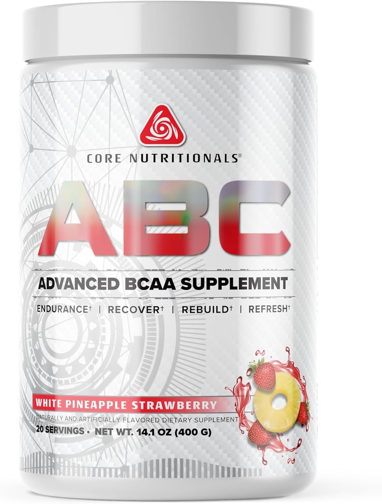 Nutriciones básicas ABC Avanzadas BCAA Suplemento TENIDO Aminoácidos Recuperación Blend Silencioso con Glutamina, Beta Alanine, Citrulline Malate TEN 20 Servimientos (White Pineapple Strawberry)