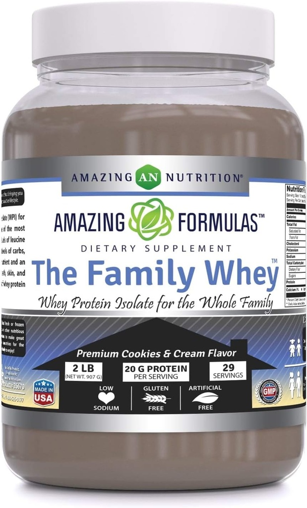 Amazing Formulas The Family Whey Protein (Isolate) Powder for The Whole Family - 2 lbs - Most Complete & Purest Form of Protein - Gluten Free (Cookie & Cream)