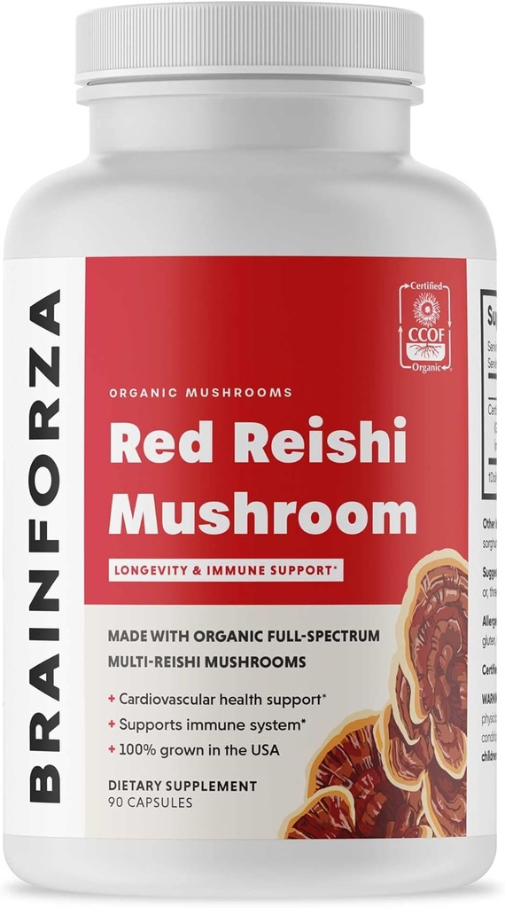 Brain Forza Organic Red Reishi Mushroom Capsules, Adaptogen Mushroom