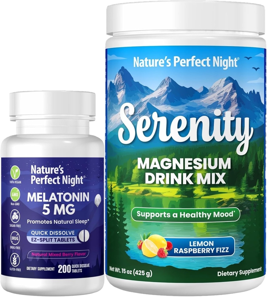 Nature's Night Melatonin 5mg adsolve Discry 200 Count with Serenity Magnesium soulum 15 Oz มะนาว raspberry