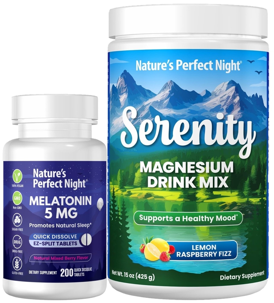 Nature's Perfect Night Melatonin 5mg Quick Dissolve Mixed Berry 200 Count with Serenity Magnesium Powder 15 oz Lemon Raspberry