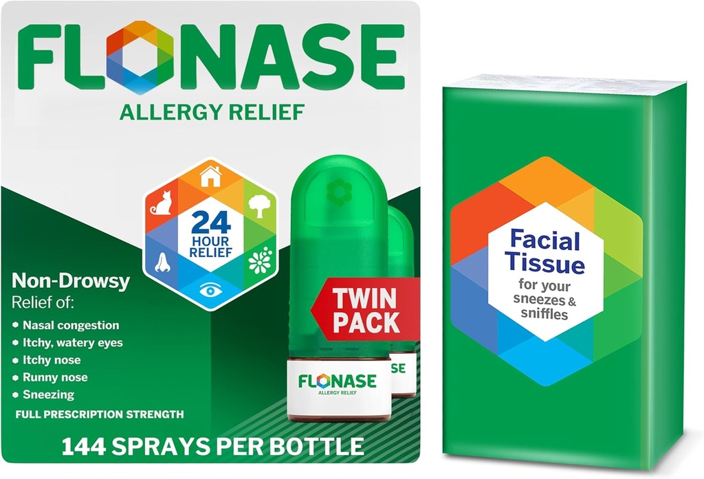 Flonáza Alergie Relief Nasal Spray, 24- Hodina Non- Drowsy Multi- Symptom Relief - 144 Spreje (Balení po 2) plus Bonus Pack kapesníků