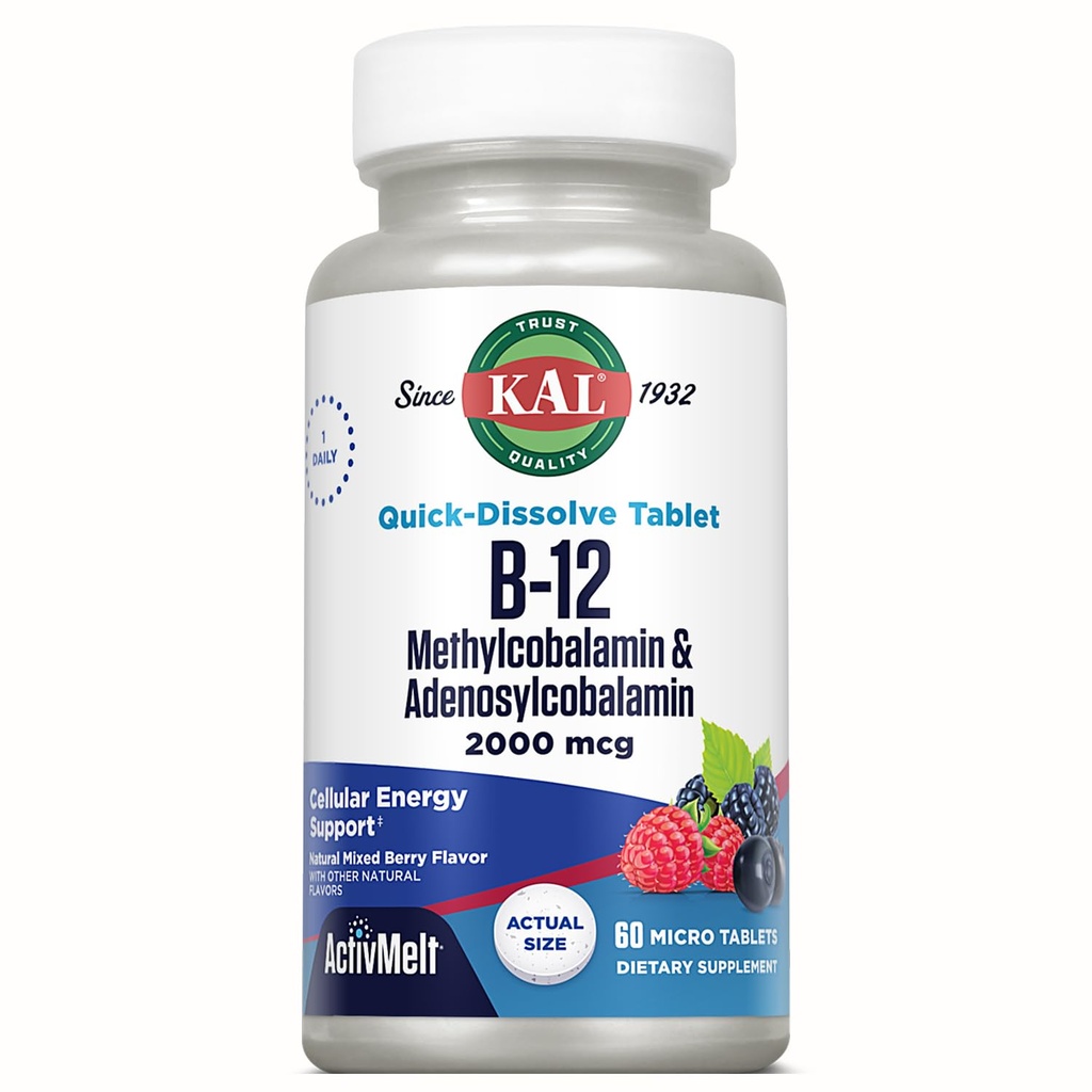 KAL Vitamin B12 Methylcobalamin and Adenosylcobalamin 2000 mcg ActivMelt, B12 Energy Supplements, Metabolism, Nerve, Red Blood Cell Support, High Absorption, Natural Berry, 60 Serv, 60 Micro Tablets