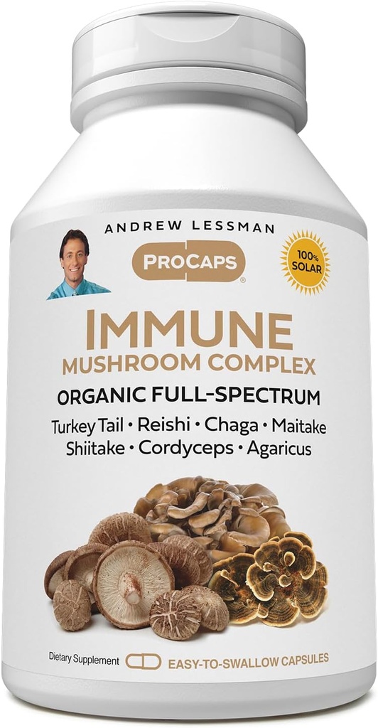 ANDREW LESSMAN Immune Mushroom Complex 360 캡슐 – 7 버섯의 유기 전체 스펙트럼 혼합 – 건강한 면역 기능 지원 – 첨가물 없음. Mushroom Complex 보충