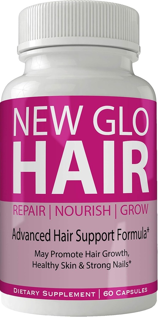 Nowy Glo Hair Skin and Nails Supplement - Zaawansowane unikalne witaminy wzrostu włosów i minerały z biotyną - Gluten Free 60 Kapsułki - Włosy Lash Skóra i paznokcie Dodatkowa siła Formuła Booster wzrostu