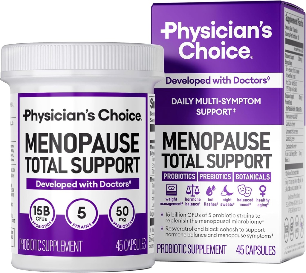 物理学家的CHOICE MENOPAUSE Probiotic Supplex for Women - 支持荷尔蒙平衡,热闪光,夜汗,体重管理,布洛廷和古特健康 - 与黑科霍什,Resveratrol+ - 45ct
