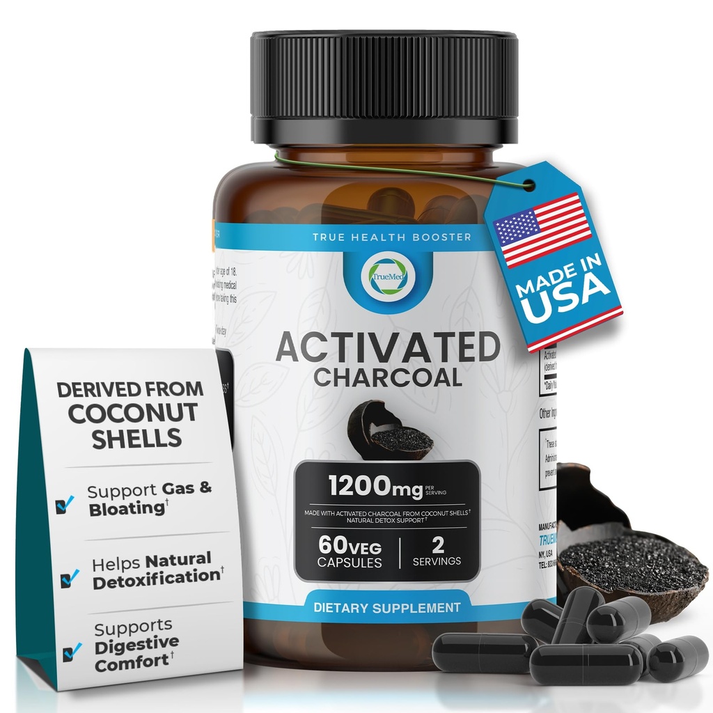 Activated Charcoal Capsules 1200 mg – Organic Activated Charcoal Pills Derived from Coconut Shells for Stomach & Digestive Support – Natural Detox & Bloating – Made in USA – 60 Capsules
