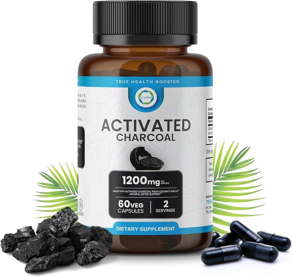 Geactiveerde Charcoal Capsules 1200 MG, 60 Veg Caps, 30-Days Premium Detox & Digestive Support, Gas & Bloating Relief, Organic Coconut Shell Charcoal, Gut Health, USA Made.