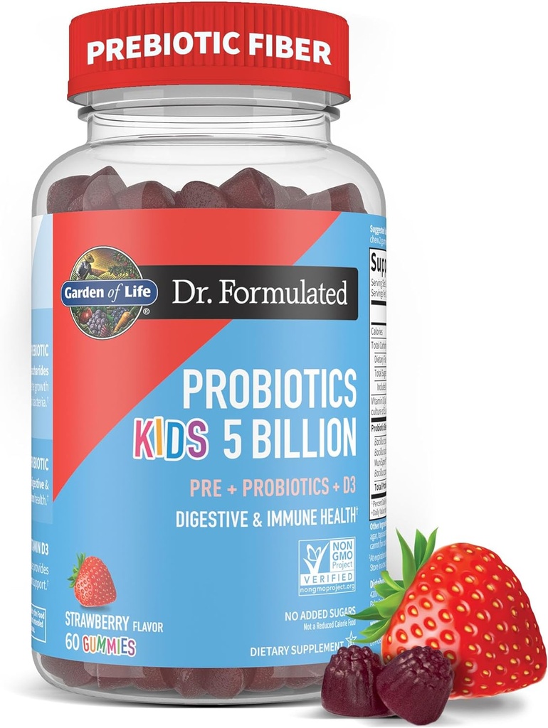 设计了5亿CFU Prebiotive Fiber, Probiotic and Vitamin D3 Gummys for Kids Digestive & Immune Health - Gluten Free, 非转基因生物, 无添加糖,草莓Flavor, 60 Gummys