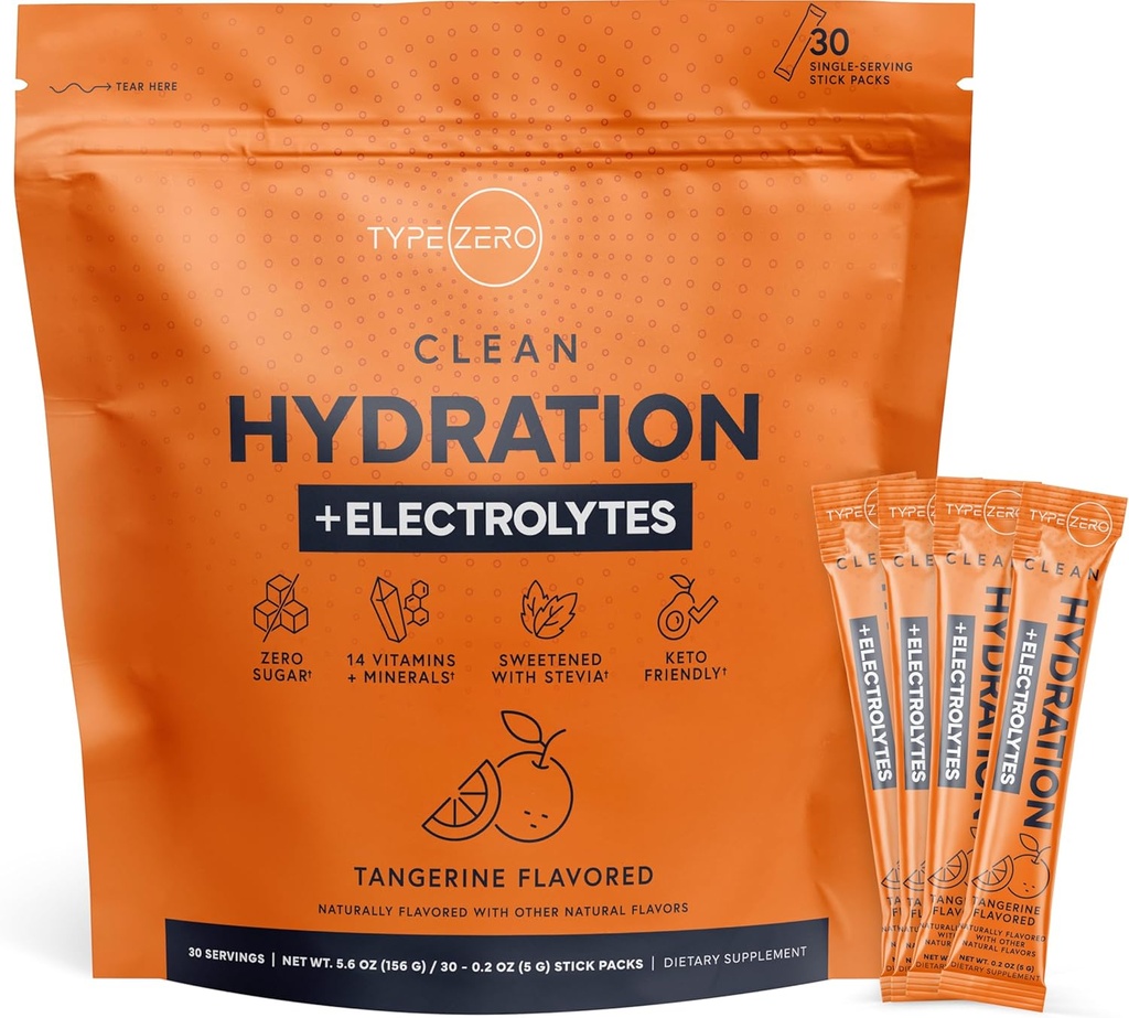 Type Zero Clean Hydration + Electrolytes İçki Mix (30 Single-Serving Packets) - Any Occasion (Tangerine) üçün Advanced Hydration