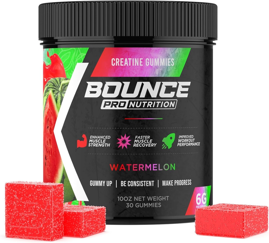 Bounce Pro Creatine Monohydrate Gumies for Men & Women, Low Calorie, 6G of Creatine per Serving, Vegan, Anti- Melting, Gluten- Free, Non- GMO, 2 g Creatine per Gumi (30ct, görögdinnye)