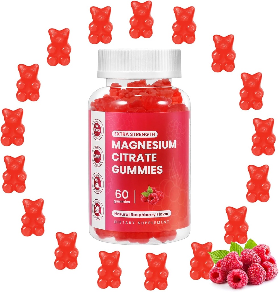 Magnesium Glycinate Gummies 400mg,Magnesium l-Thronate 200mg Gummie,Keltainen magnesium ja kalium Complex täydentää tuki muistia, hyvää ja unta,(60 Magnesium Gummies, Vadelma maku)