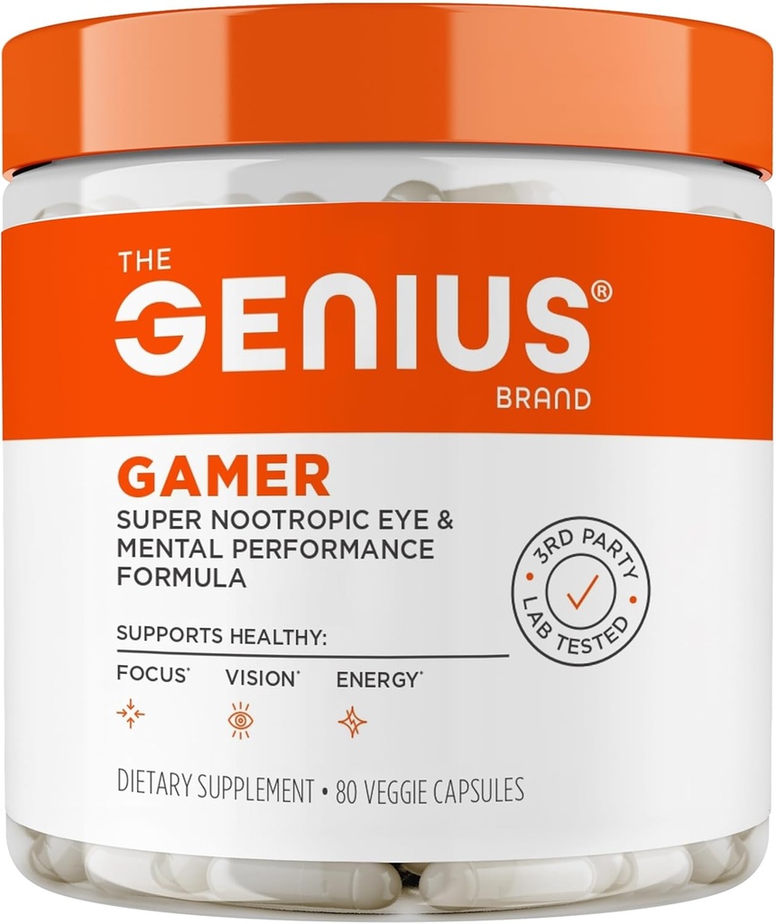 Genius Gamer, Gaming Focus Supplement, 80 pillen - Elite Nootropic Performance Booster - Boost Brain & Mental Clarity, Reaction Time & Concentration - Blue Light Support with Lutemax