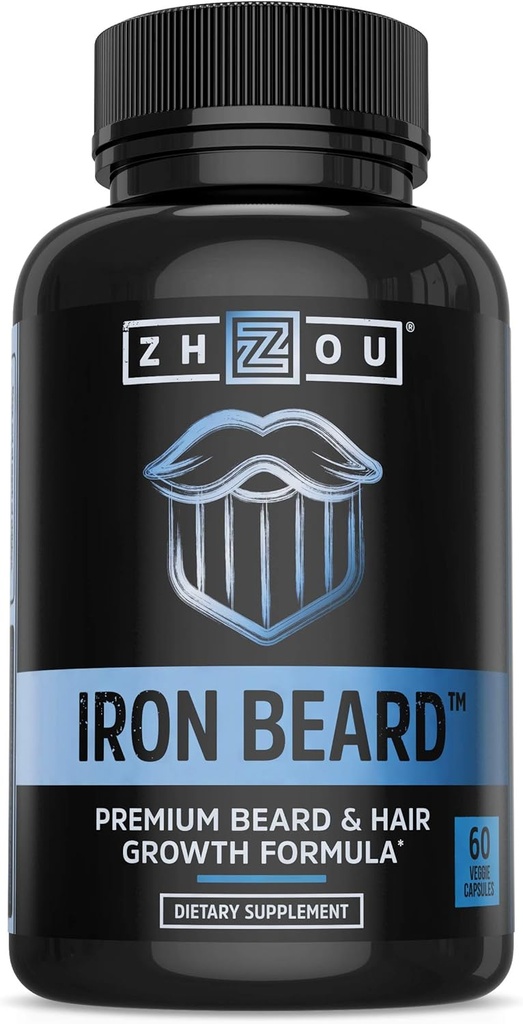 Zhou Iron Beard - Skjeggvekst vitaminer menn, Premium Biotin, så Palmetto & B Vitamin piller til støtte ansiktshår, Beard Care Supplement for full beard - 60 Veggie Capsules