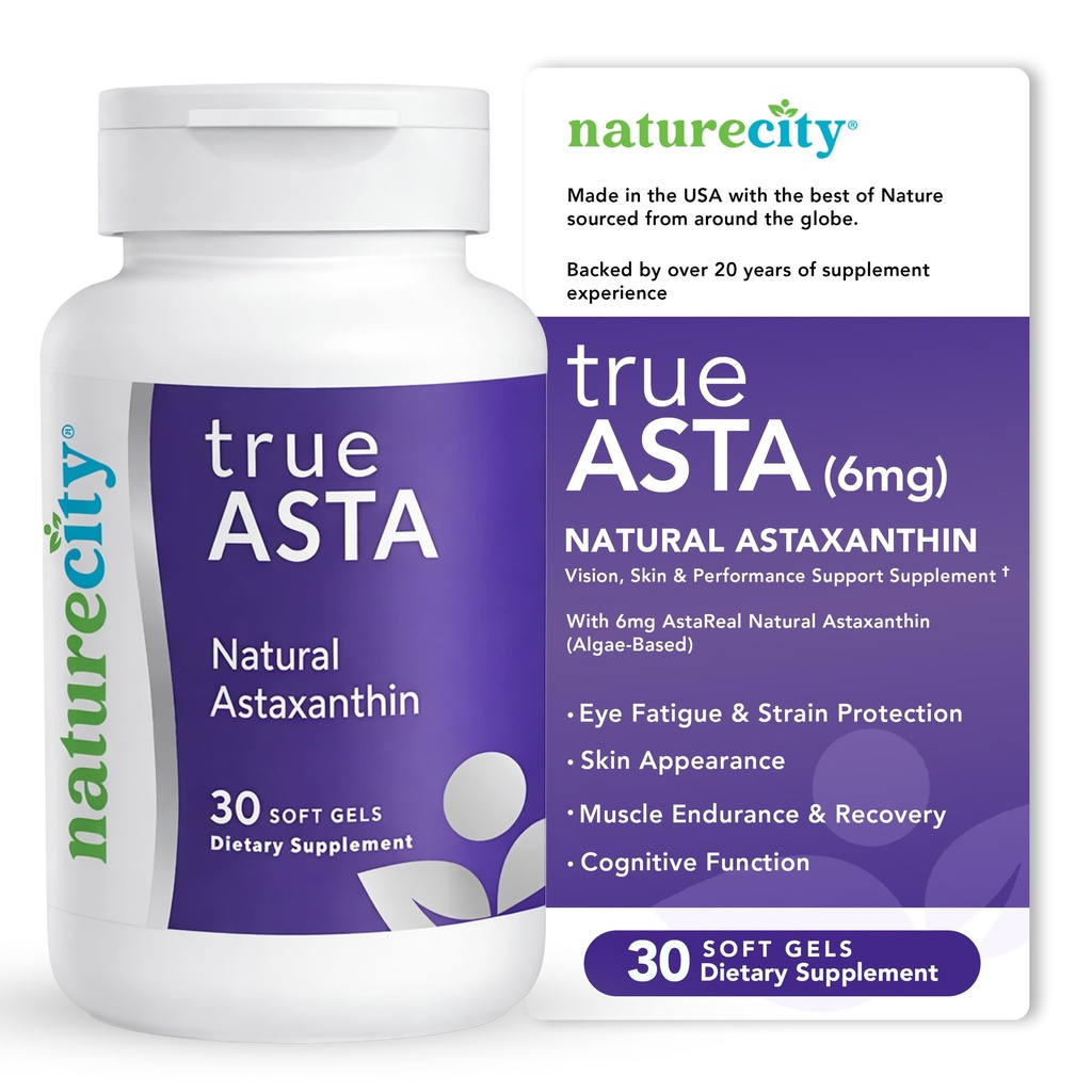 NatureCity TrueAsta 6mg Astaxanthin Supplement with AstaReal | Supports Eye, Skin, Joints, Muscles, Brain & Blood Flow | Algae Based Antioxidant Supplement | Non-GMO, Gluten Free | 30 Soft Gels