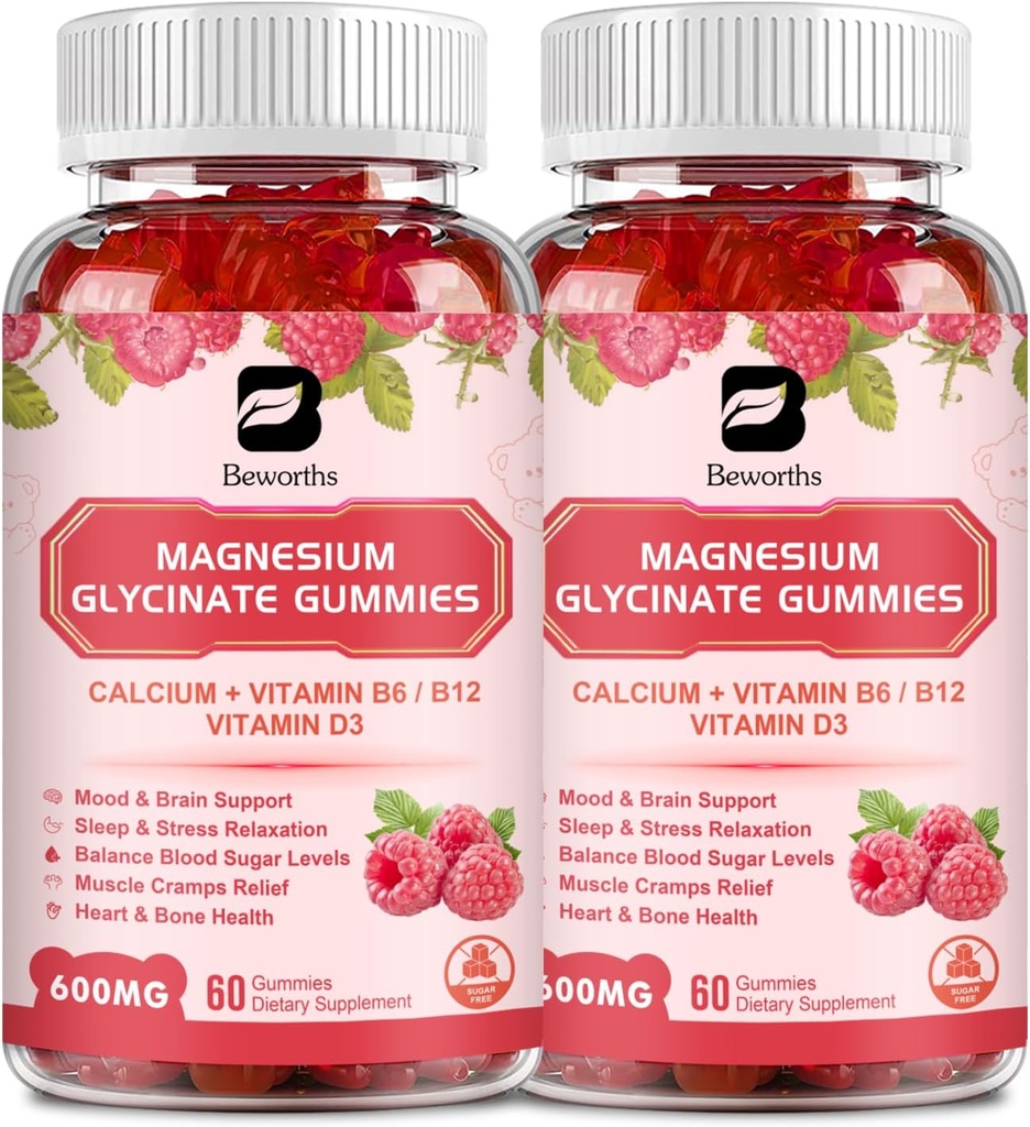 (2 Confezione) 600 Mg Magnesio Glycinate Gummies, Magnesio Supplemento Complesso Magnesio Magnesio Malato, Magnesio Citrato & Potassium, Supporta Notte & Joint, Energy Boost, Vegan & 0-Sugar, Raspberry 120 Conte